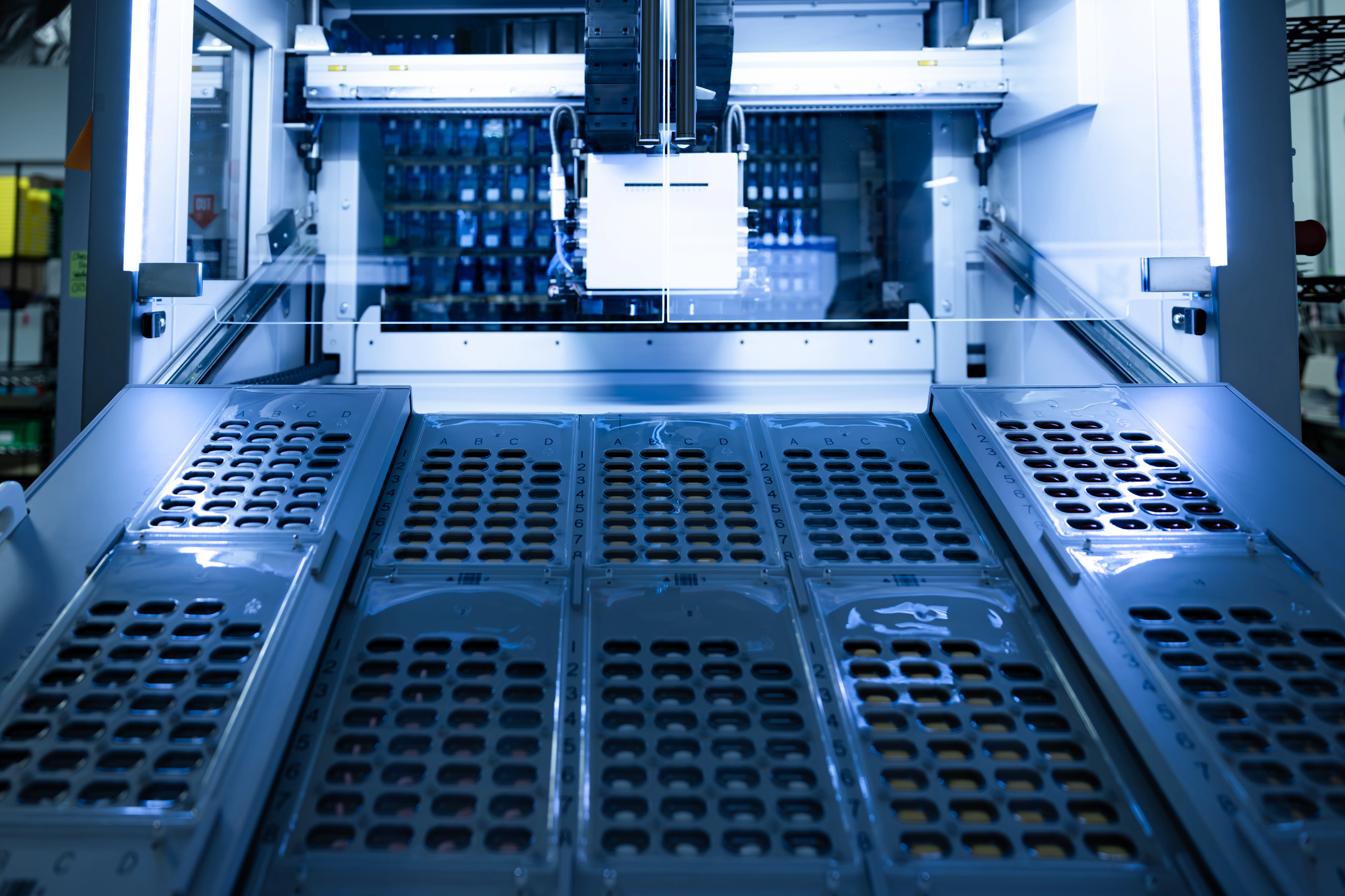 mountain care pharmacy prescription filling robot with filling tray out and tilted downwards